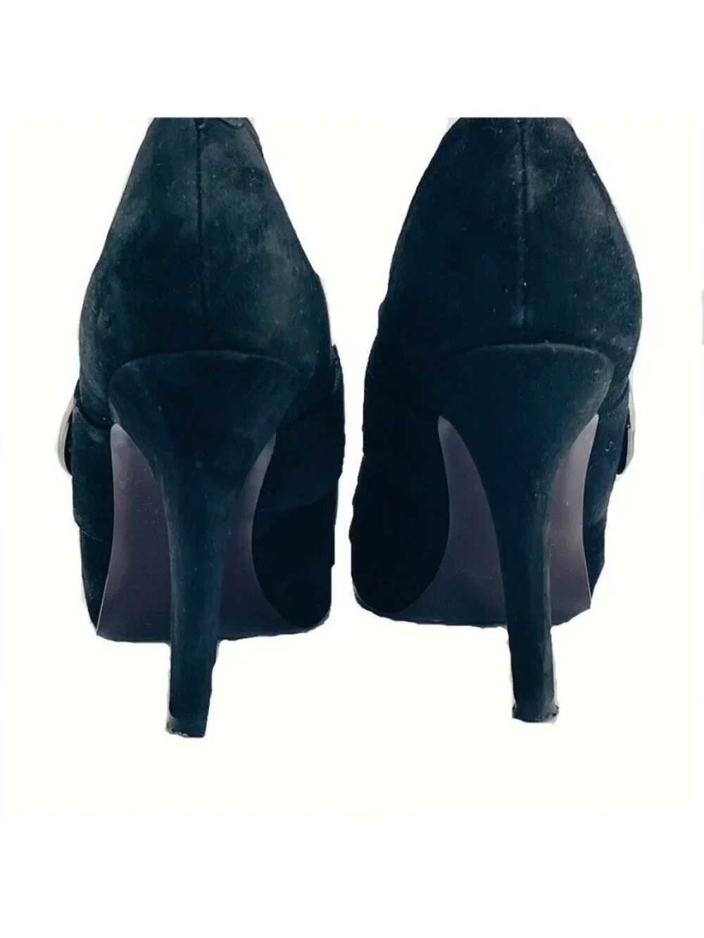 JESSICA SIMPSON Black Suede Heeled Booties With Large Buckle Accent
